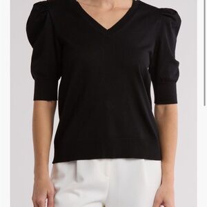 Rachel Roy Black V-Neck Sweater with Puff Sleeves